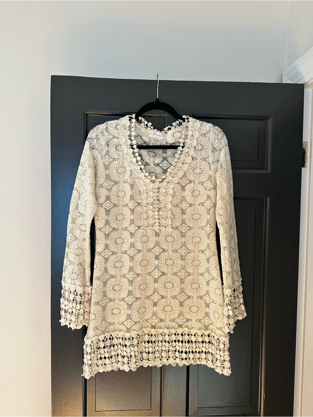 Freeway Ivory Crochet Lace Swim Cover-Up Tunic Dress Boho L